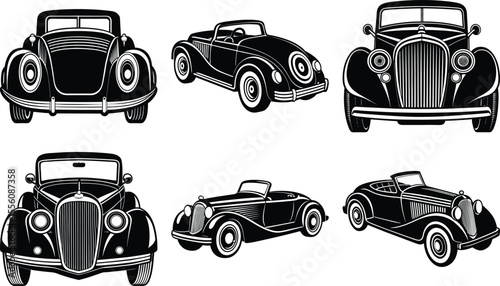 Vector art of six vintage car illustrations isolated on transparent background in black and white