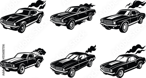 Vector art of six classic muscle cars with smoking tires isolated on transparent background