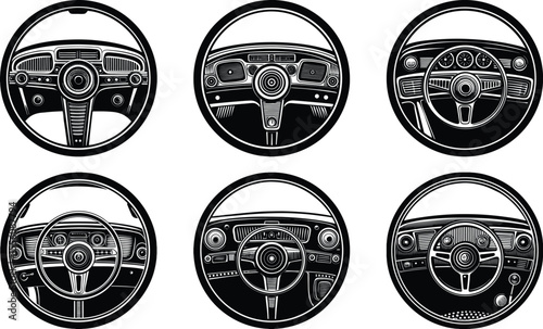 Vector art of collection of vintage car steering wheels isolated on transparent background
