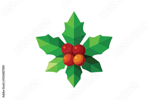 Holly Leaf with Red Berries Low Poly Vector, Geometric Green Leaf Clipart Illustration