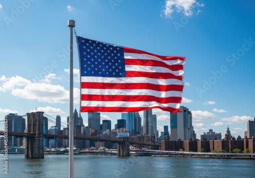 American flag waving over new york city skyline on sunny day
