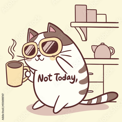 Cool Cat Enjoying Coffee 'Not Today' Illustration