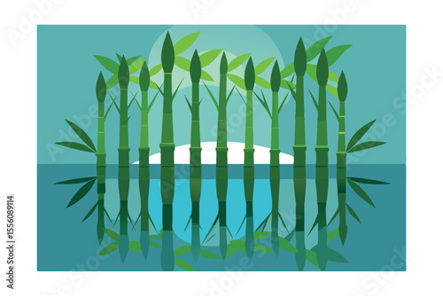 Serene Bamboo Reflection Tranquil Water and Peaceful Sunset