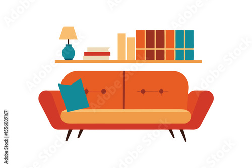 Mid-Century Modern Living Room Sofa, Shelf, and Books Design
