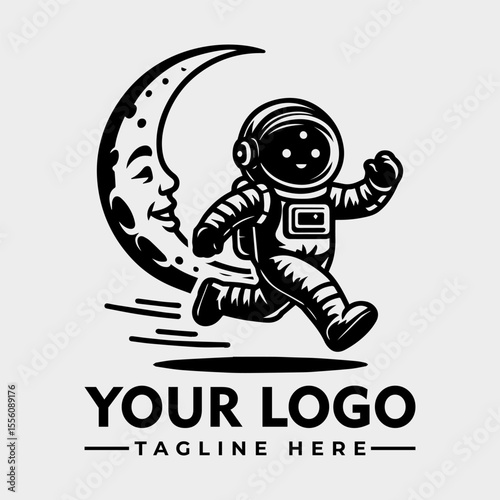 A stylized logo featuring a happy astronaut running away from a crescent moon, symbolizing space exploration and freedom.