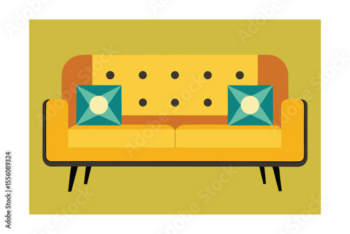 Mid-Century Modern Sofa Design Yellow Upholstery and Teal Pillows