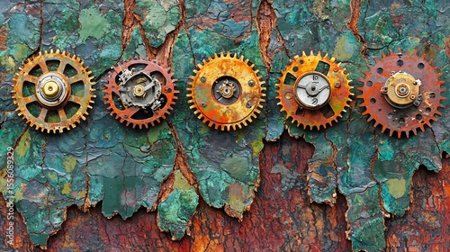 close-up of energy-efficient machines embedded in a mega tree bark, representing harmony between industry and environment. [mega Big Tree]:[Earth ] A business that uses equipment efficiently 