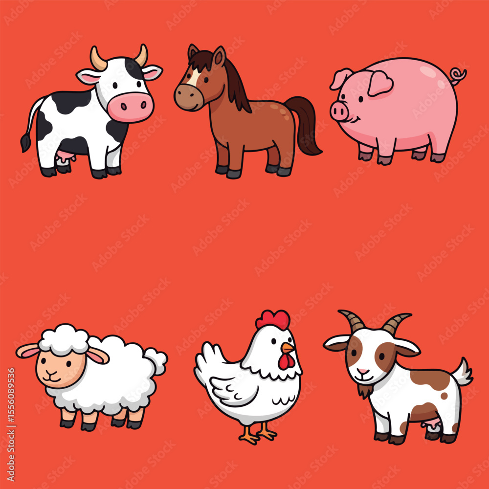 Obraz premium Set of Six Cute Cartoon Farm Animals. Cow, Horse, Pig, Sheep, Chicken, and Goat. 