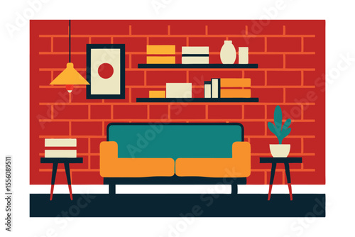 Mid-Century Modern Living Room Interior Design Brick Wall, Sofa, and Shelving