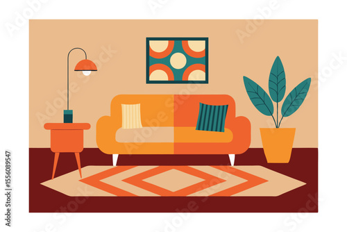 Mid-Century Modern Living Room Interior Design Retro Style Sofa, Rug, and Plants