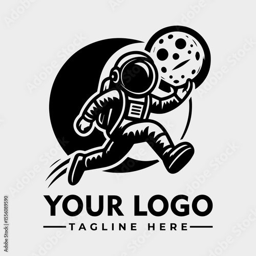 Astronaut running with moon, logo design, monochrome style.