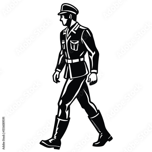 Walking Military Officer Black and White Illustration