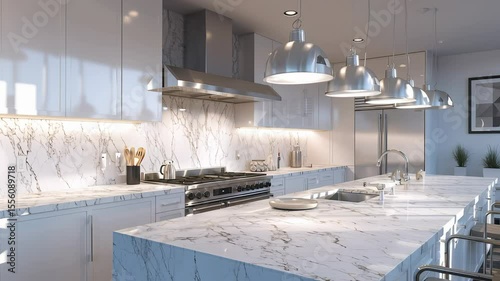 Modern Kitchen Interior with Stainless Steel Appliances: Clean, Bright, Contemporary Design with Island and Natural Light