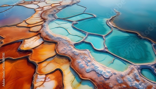 top down drone view of geometric salt lake with colorful mineral patterns and surreal textures