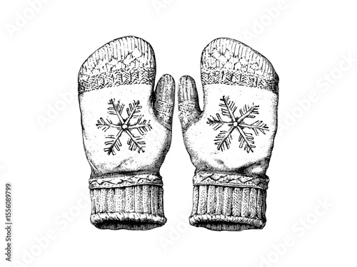 Vintage winter mittens engraved with snowflakes, cold weather accessory, holiday icon in old engraving style, black sketch, seasonal decor, trendy winter fashion, cozy cold season design