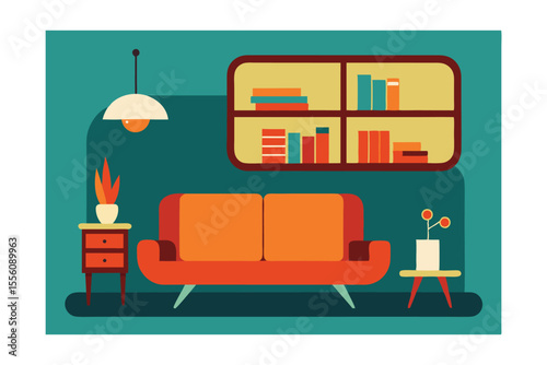 Mid-Century Modern Living Room Interior Design Retro Sofa, Bookshelves, and Plants