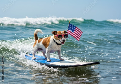Dog wearing sunglasses surfs with an american flag on a sunny day