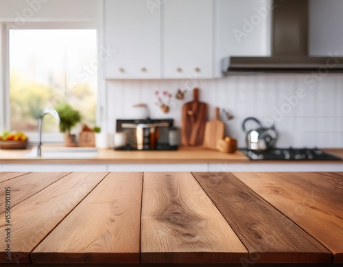 wood table top on blurred kitchen background can be used mock up for montage products display or design layout