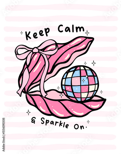 Cute pastel disco ball in seashell with quote in coquette fisherman aesthetic perfect for sticker design, wall prints and uplifting ocean art
