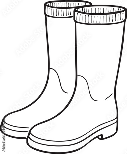 Black and White Illustration of Rubber Boots for Gardening or Rainy Weather Protection Simple Outline Style Isolated