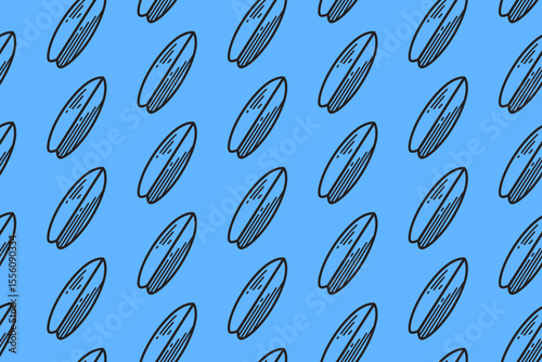 surfboard engraving seamless pattern on blue background for packaging and merchandise. summer surfing board doodle pattern background. retro surfing board beachwear hatching illustration wallpaper