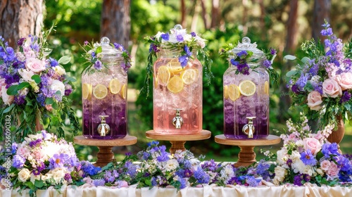 A beautiful wedding in the garden, three glass drink pitchers with ice and lemon slices inside