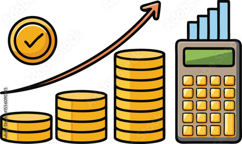 Financial growth and success represented by coins calculator and upward graph silhouette isolated on transparent background
