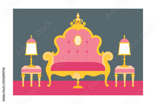 Elegant Pink and Gold Throne Chair Royal Design Interior Illustration