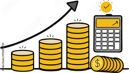 Financial growth chart with coins calculator and success symbol silhouette isolated on transparent background