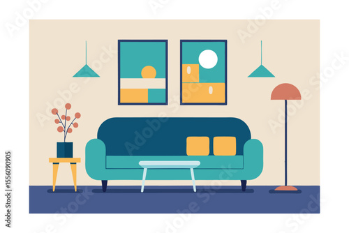 Mid-Century Modern Living Room Interior Design Stylish Sofa, Artwork, and Plants
