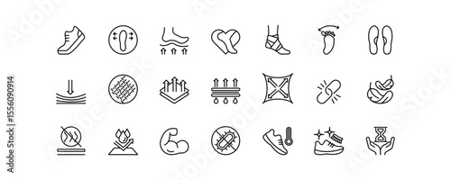 A modern editable stroke icon set illustrating essential shoe features such as arch support, shock absorption, breathability, flexibility, durability, and antibacterial protection.
