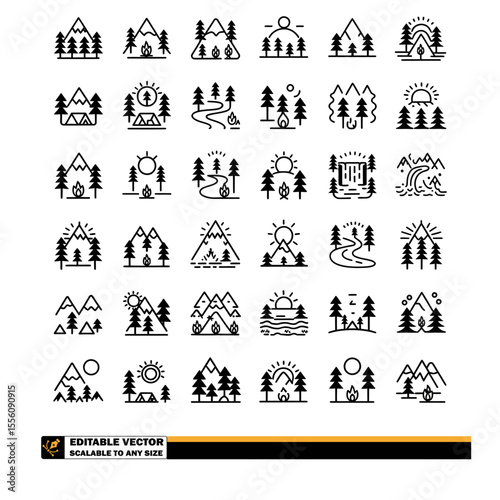 A collection of various black and white icons representing mountains, trees, and rivers in nature scenes