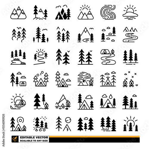 A collection of various black and white icons representing mountains, trees, and rivers in nature scenes