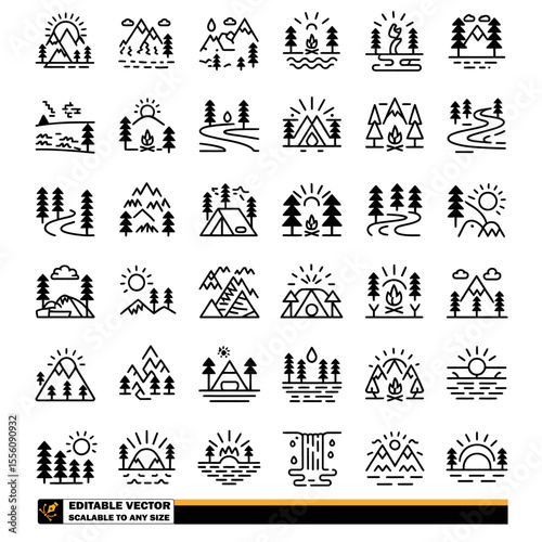 A collection of various black and white icons representing mountains, trees, and rivers in nature scenes