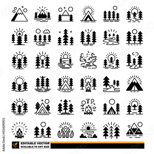 A collection of various black and white icons representing mountains, trees, and rivers in nature scenes