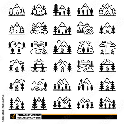A collection of various black and white icons representing mountains, trees, and rivers in nature scenes