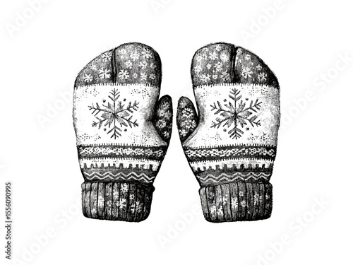 Winter mittens with snowflakes engraving, vintage sketch style, cold weather accessory, seasonal decor motif, holiday icon, trendy engraved black sketch, old engraving art, Christmas charm