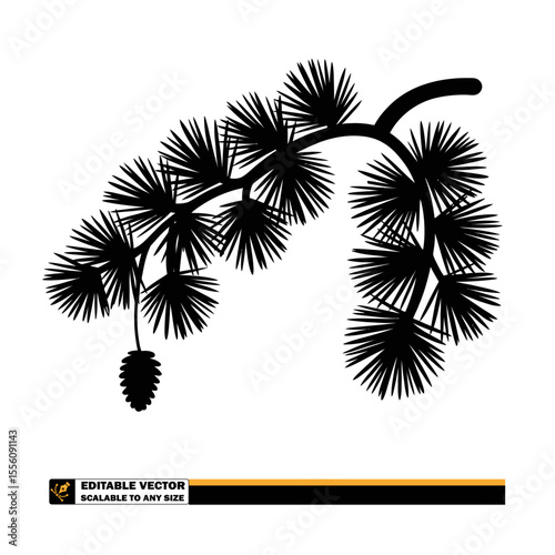 A monochrome silhouette of pine tree branch with needles and a pine cone hanging from the branch below