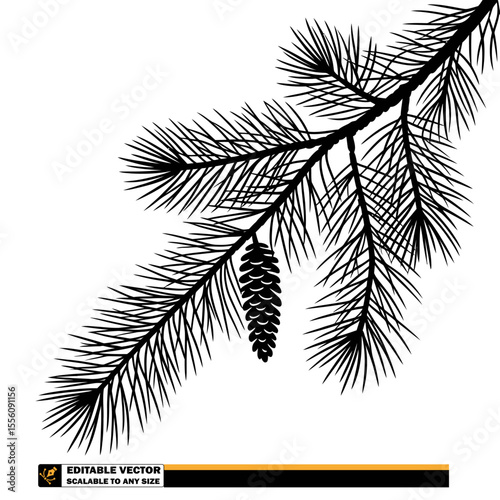 A monochrome silhouette of pine tree branch with needles and a pine cone hanging from the branch below