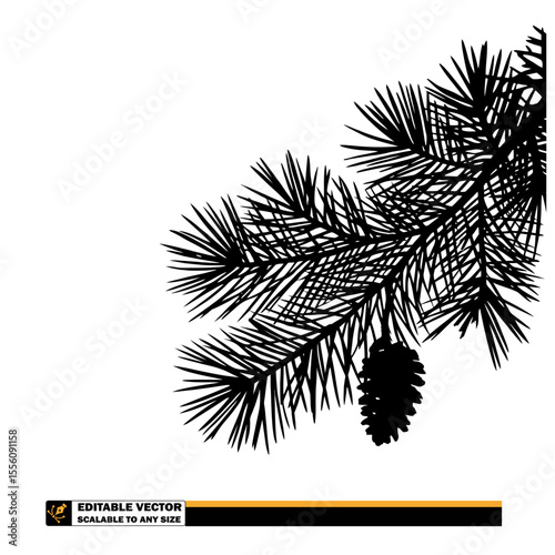 A monochrome silhouette of pine tree branch with needles and a pine cone hanging from the branch below