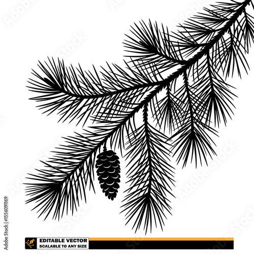 A monochrome silhouette of pine tree branch with needles and a pine cone hanging from the branch below