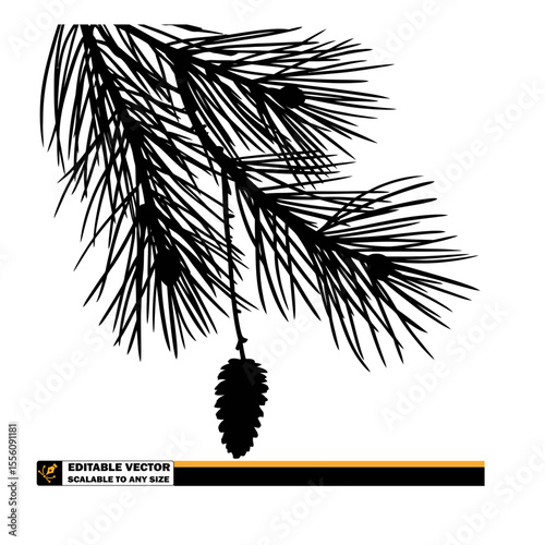 A monochrome silhouette of pine tree branch with needles and a pine cone hanging from the branch below