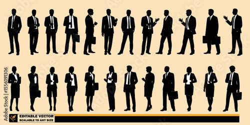 Silhouettes of business people in suits standing in rows against a plain background in a vector image