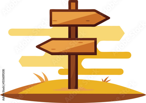 Wooden signpost with two directional arrows on a sandy hill silhouette isolated on transparent background