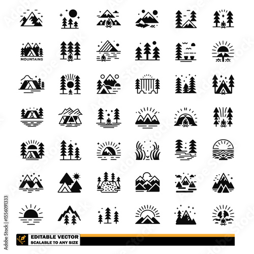 vector icons of  mountains, trees, and rivers in nature scenes