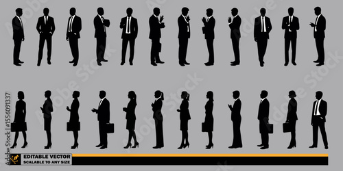 Silhouettes of business people in suits standing in rows against a plain background in a vector image