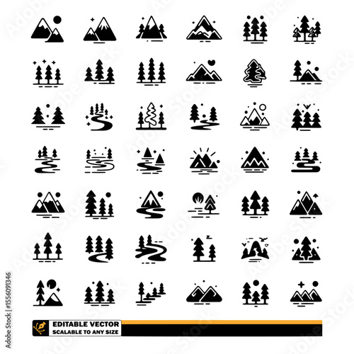 vector icons of  mountains, trees, and rivers in nature scenes