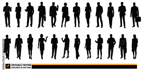 Silhouettes of business people in suits standing in rows against a plain background in a vector image