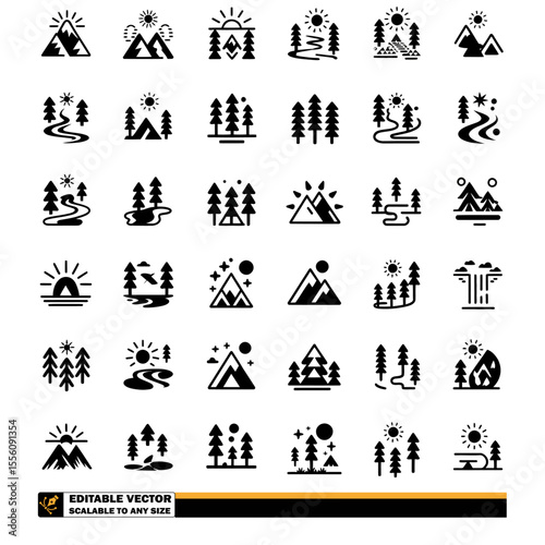 vector icons of  mountains, trees, and rivers in nature scenes