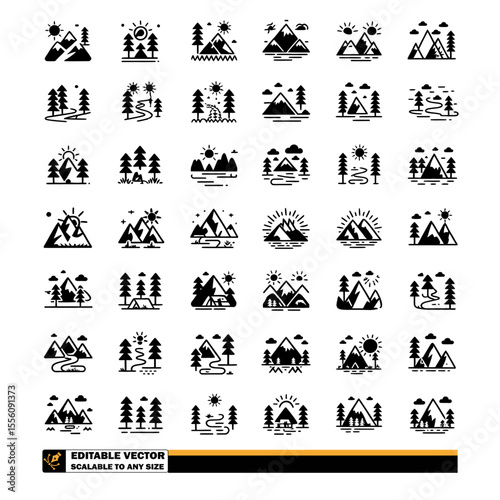 vector icons of  mountains, trees, and rivers in nature scenes
